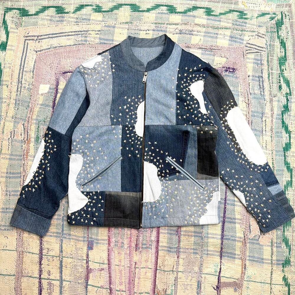 Custom Upcycled bomber jacket with sashiko handstitching